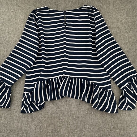 a.n.a A New Approach Top Striped Navy & White Long Sleeve Ruffled Hem Round Neck - Picture 10 of 11